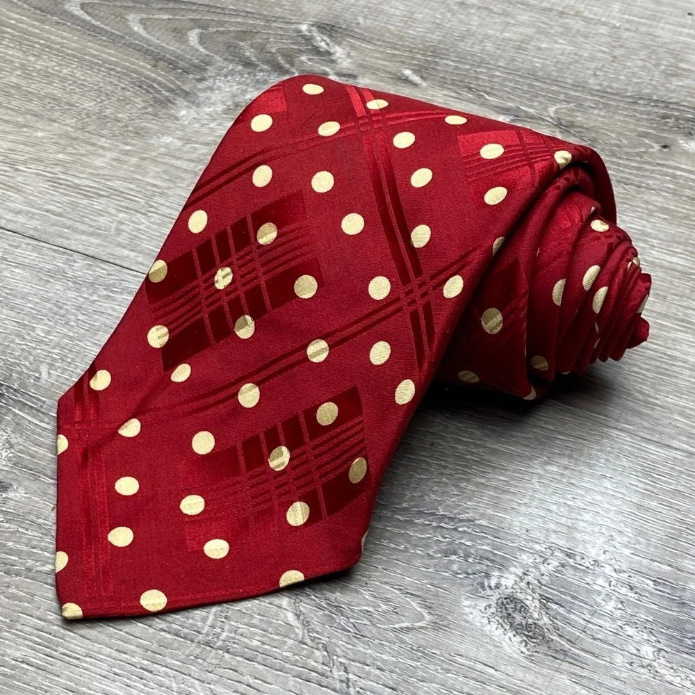 Polo Ralph‎ Lauren Mens Silk Tie Red Polka Dot Plaid Geometric Handmade 3.75